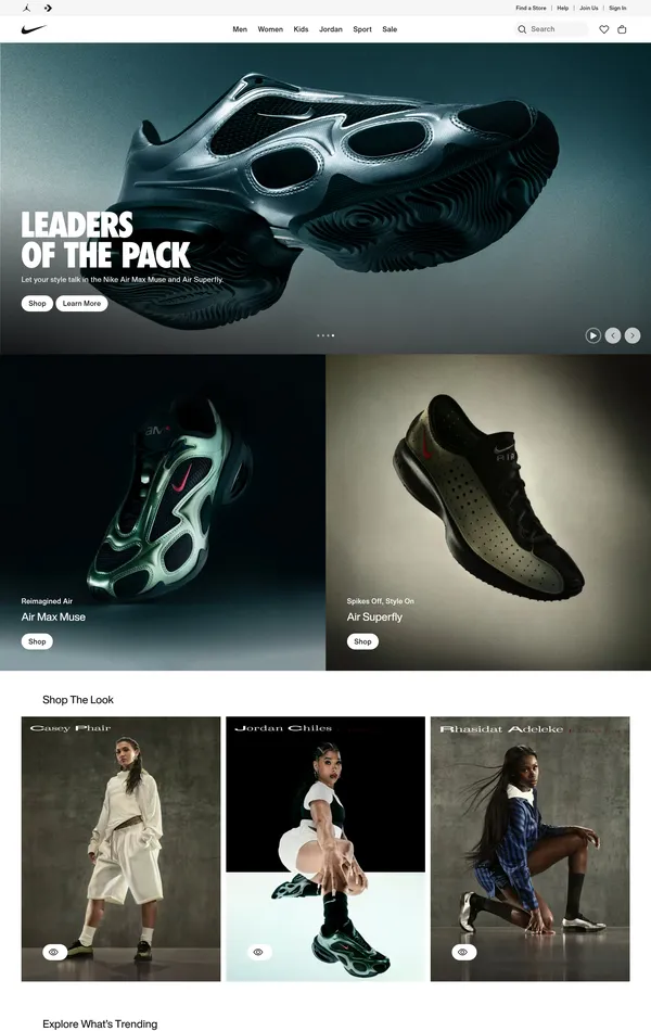 Главная Nike, тематика — Интернет-магазин, цвета — Белый, Черный, Серый, стиль — Корпоративный, Фестивальный, типографика — Без засечек