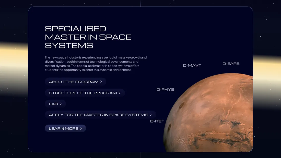 Секция «О продукте» с сайта https://space.ethz.ch/, тематика — Образование, цвета — Черный, Синий, стиль — Корпоративный, Минимализм, типографика — Без засечек