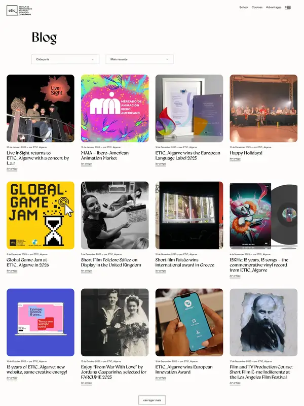 Блог ETIC_Algarve, тематика — Образование, цвета — Белый, Черный, Серый, стиль — Карточный, Минимализм, типографика — Без засечек