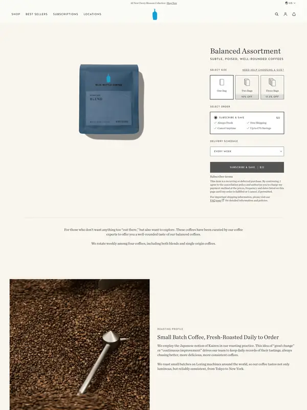 Продукт Blue Bottle Coffee, тематика — Еда и напитки, цвета — Белый, Черный, Серый, стиль — Минимализм, типографика — Без засечек