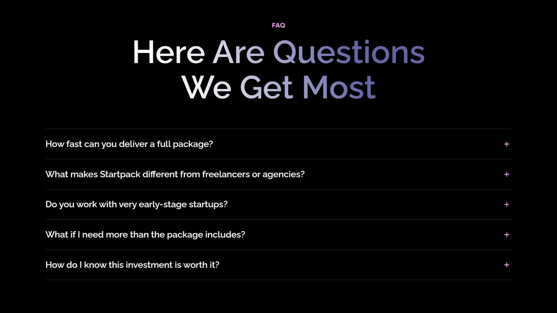 Секция «FAQ» с сайта https://launch.outflame.io/, тематика — Другое, цвета — Черный, стиль — Минимализм, Типографика, типографика — Без засечек