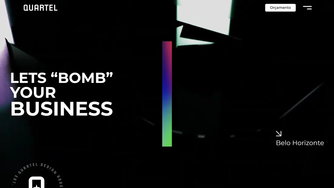 Секция «Призыв к действию» с сайта https://quarteldesign.com/, тематика — Дизайн, цвета — Черный, стиль — Брутализм, Полигональный, типографика — Без засечек