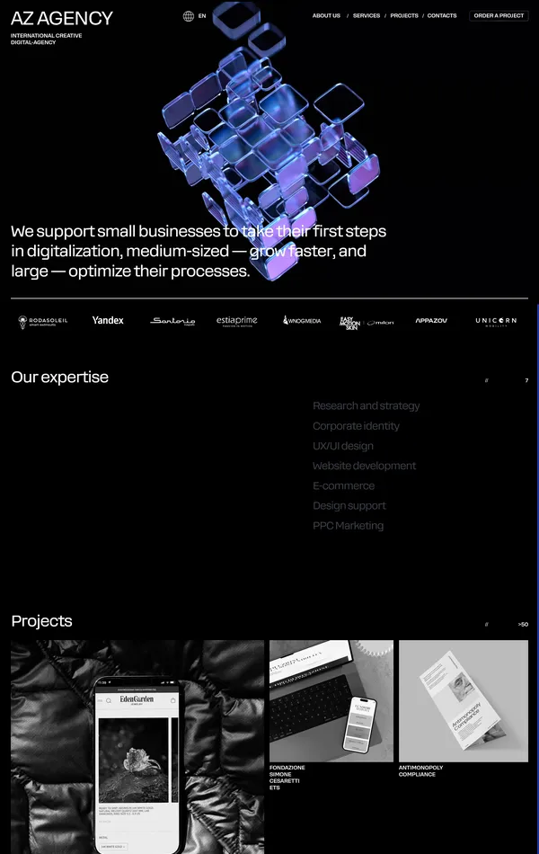 Главная AZ AGENCY, тематика — Агентство , цвета — Белый, Черный, Серый, стиль — Корпоративный, Полигональный, типографика — Без засечек