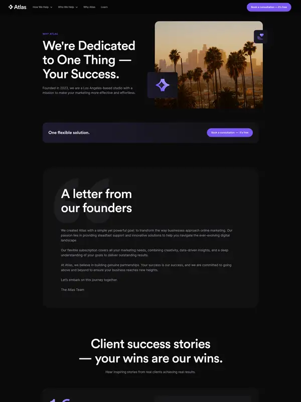 Лендинг Atlas, тематика — Маркетинг, цвета — Черный, стиль — Корпоративный, Минимализм, типографика — Без засечек, Декоративные