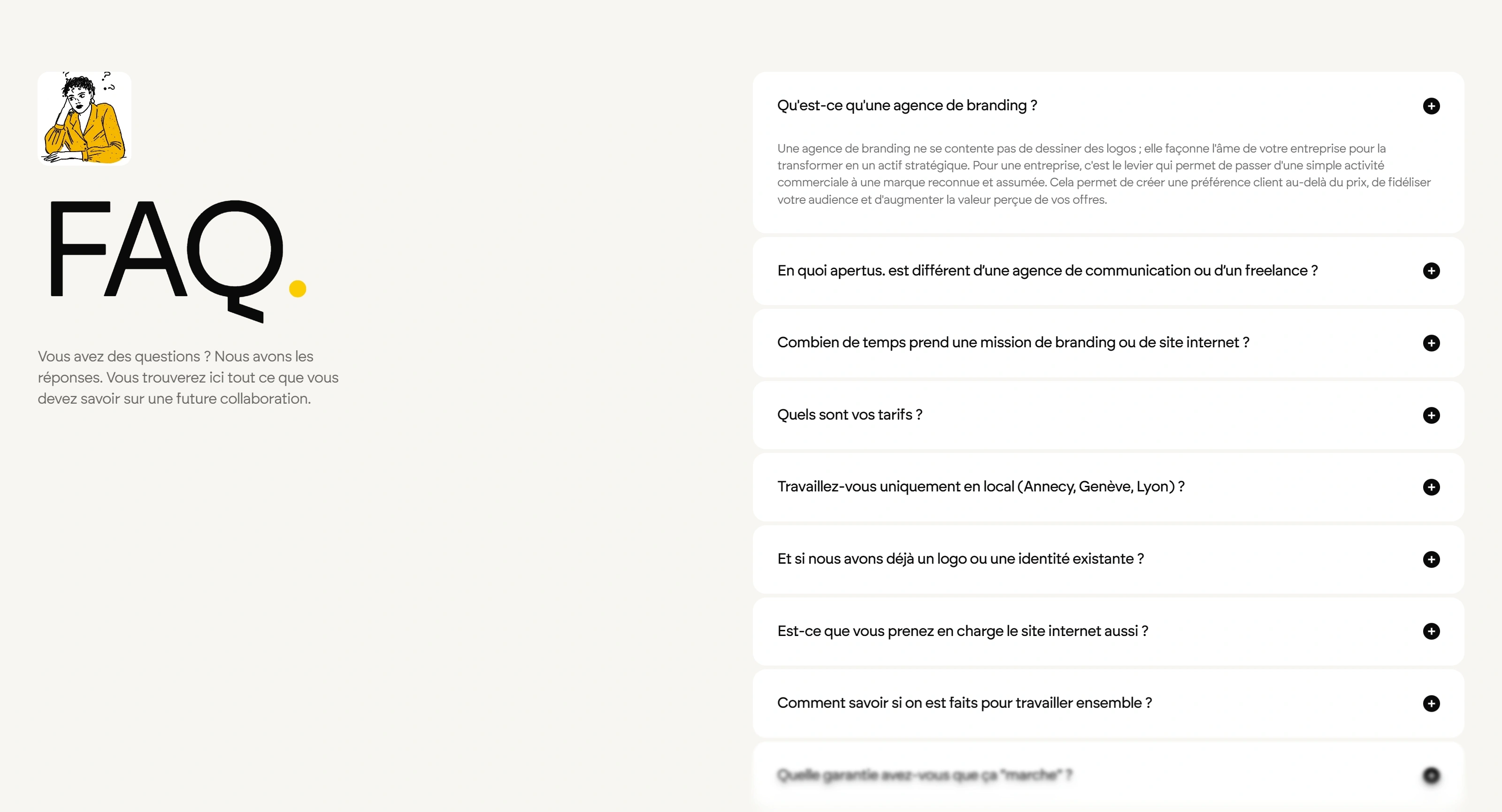 apertus Секция «FAQ» с сайта https://www.weareapertus.fr/, тематика — Агентство , цвета — Белый, стиль — Минимализм, типографика — Без засечек