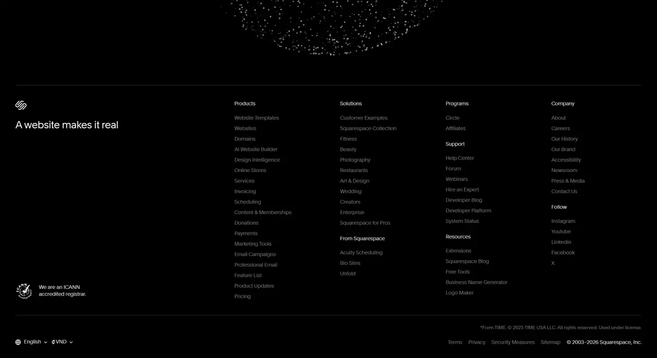 Секция «Футер» с сайта https://www.squarespace.com/, тематика — SaaS, цвета — Черный, стиль — Корпоративный, Минимализм, типографика — Без засечек