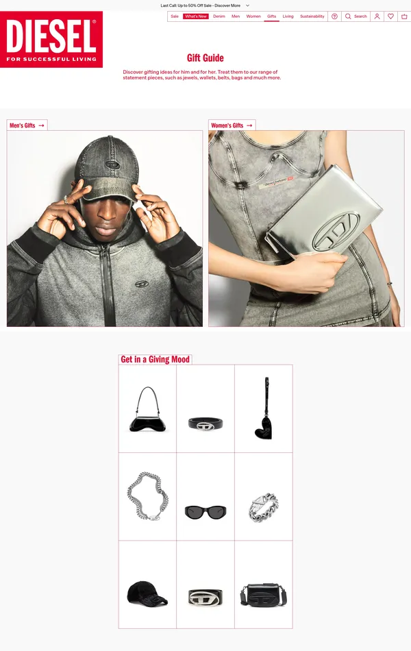 Каталог Diesel, тематика — Интернет-магазин, Одежда, цвета — Белый, Серый, стиль — Корпоративный, типографика — Без засечек