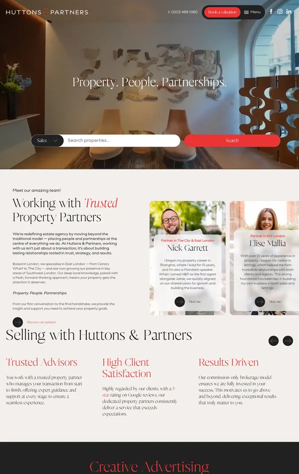 Главная Huttons & Partners, тематика — Недвижимость, цвета — Белый, Черный, Серый, стиль — Корпоративный, типографика — С засечками, Без засечек