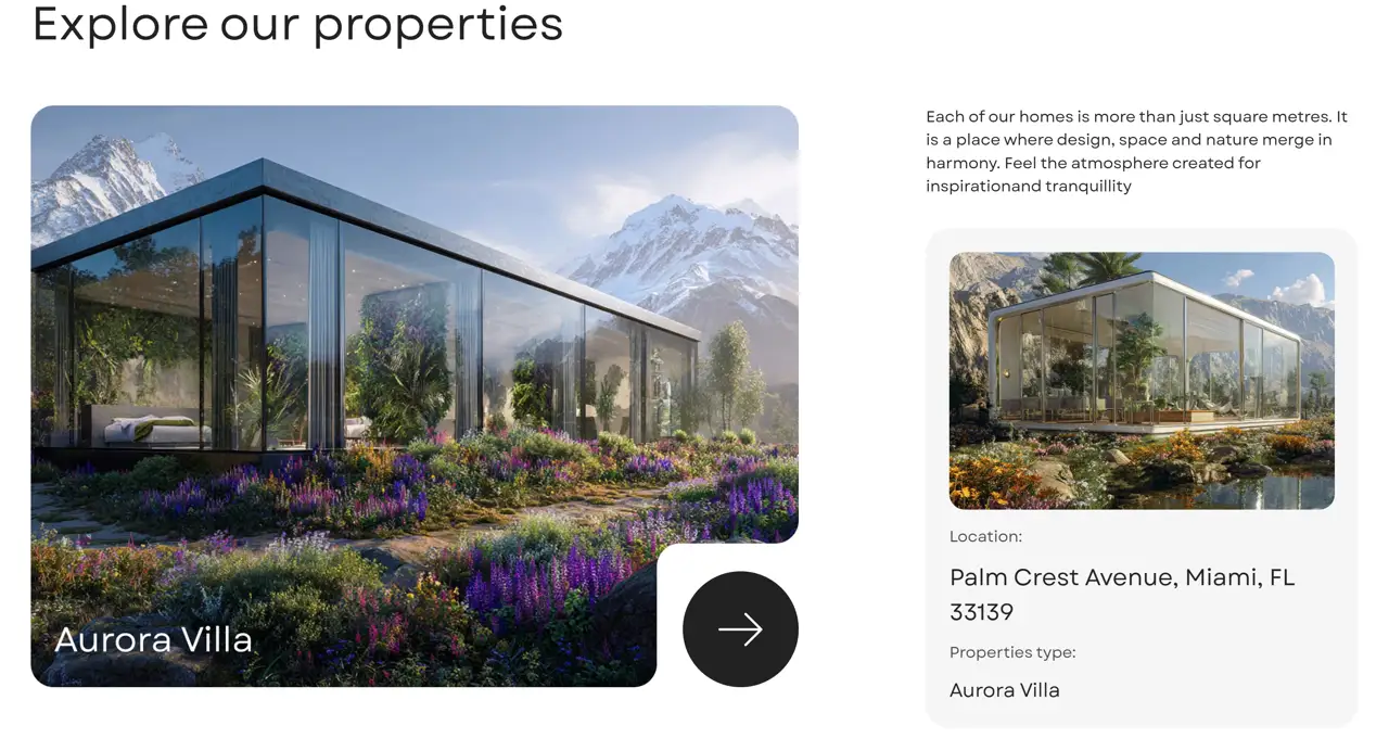 Секция «Товары» с сайта https://real-estate-gapsy.webflow.io/, тематика — Недвижимость, цвета — Белый, Черный, Серый, стиль — Минимализм, Органический и природный, типографика — Без засечек