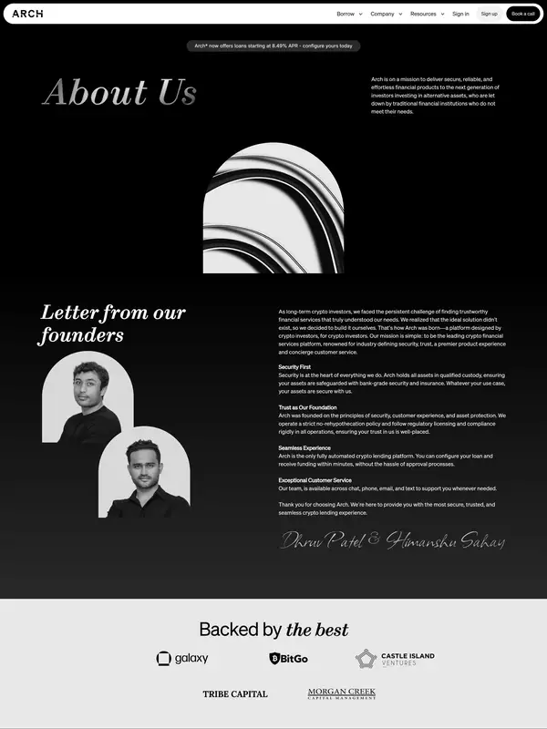 Страница о компании Arch Lending, тематика — Крипто  и блокчейн, цвета — Белый, Черный, стиль — Корпоративный, Минимализм, типографика — Без засечек