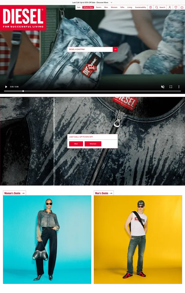 Главная Diesel, тематика — Интернет-магазин, Одежда, цвета — Белый, Черный, Серый, стиль — Корпоративный, Гранж, типографика — Без засечек