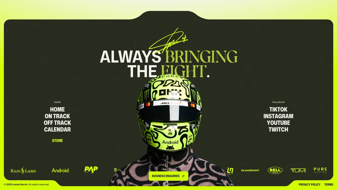 Секция «Футер» с сайта https://landonorris.com/, тематика — Развлечения, цвета — Черный, стиль — Корпоративный, Брутализм, типографика — Без засечек, Рукописные