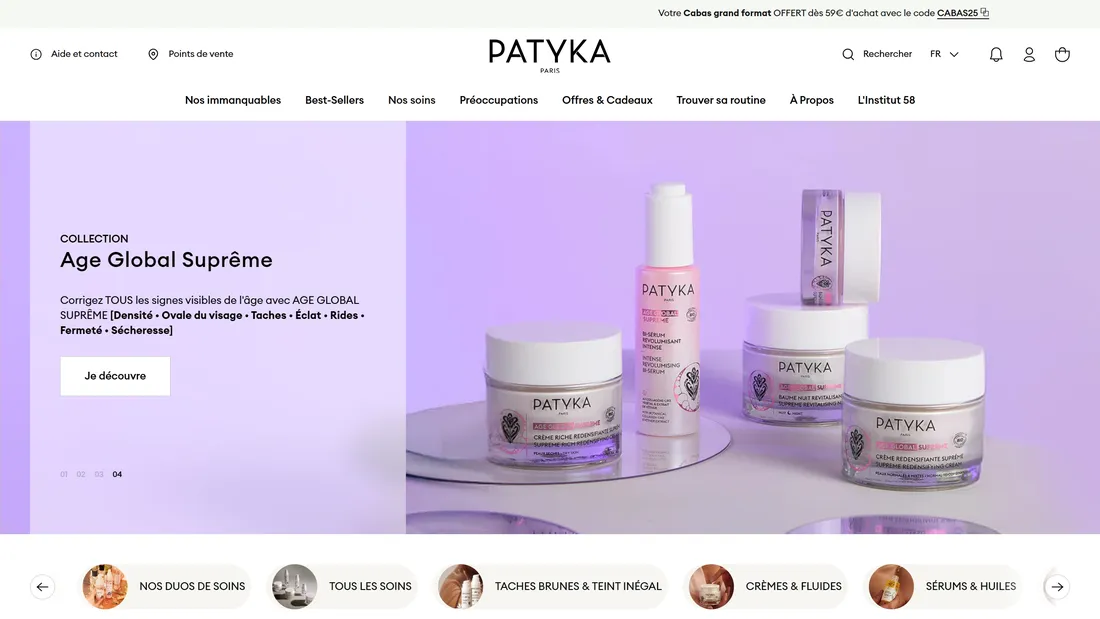 Секция «Первый экран» с сайта https://patyka.com/, тематика — Интернет-магазин, Красота, цвета — Белый, Серый, стиль — Корпоративный, Минимализм, типографика — Без засечек