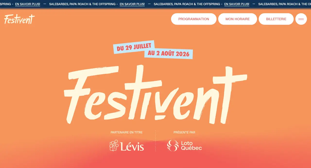 Секция «Первый экран» с сайта https://festivent.ca/, тематика — Мероприятия, цвета — Оранжевый, Красный, стиль — Фестивальный, типографика — Рукописные, Декоративные