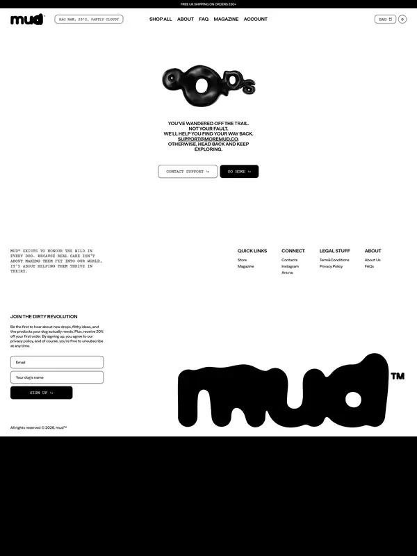404-страница mud, тематика — Домашние животные, цвета — Белый, Черный, Серый, стиль — Минимализм, Брутализм, типографика — Без засечек, Декоративные