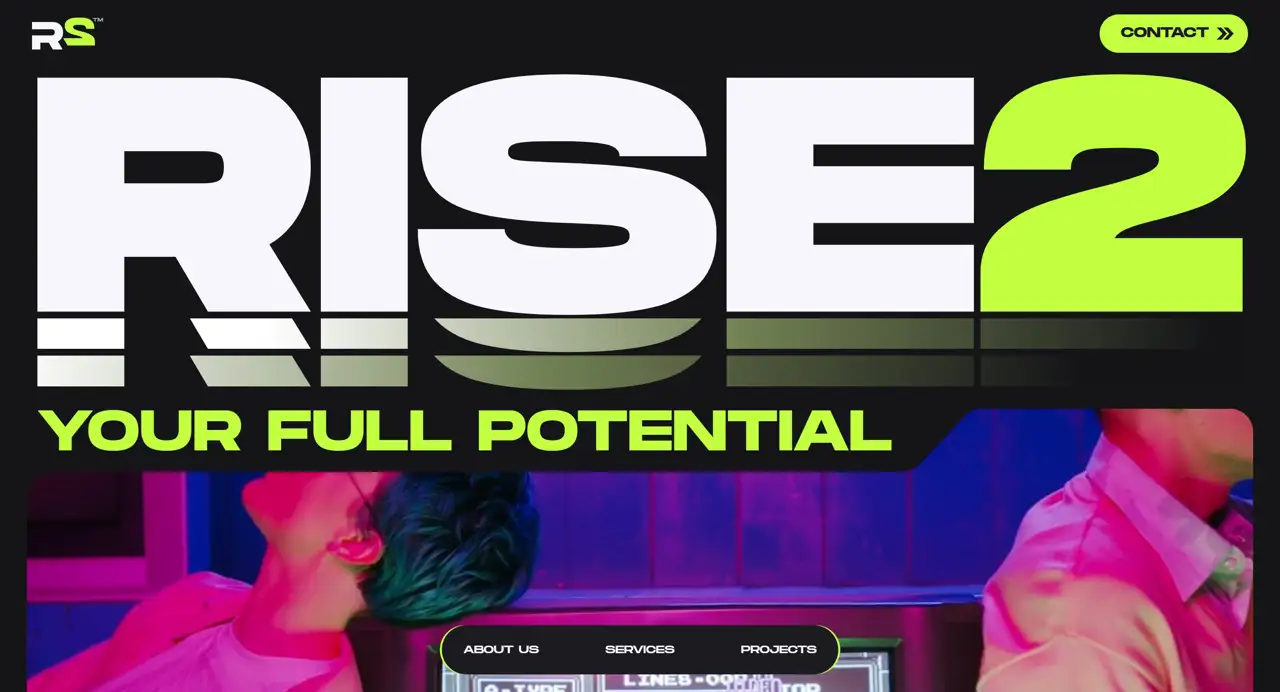 Секция «Первый экран» с сайта https://rise2.studio/, тематика — Дизайн, цвета — Черный, Серый, стиль — Брутализм, типографика — Без засечек, Декоративные