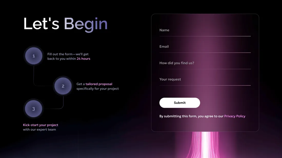 Секция «Форма» с сайта https://launch.outflame.io/, тематика — Бизнес и профессиональные услуги, цвета — Черный, стиль — Корпоративный, типографика — Без засечек