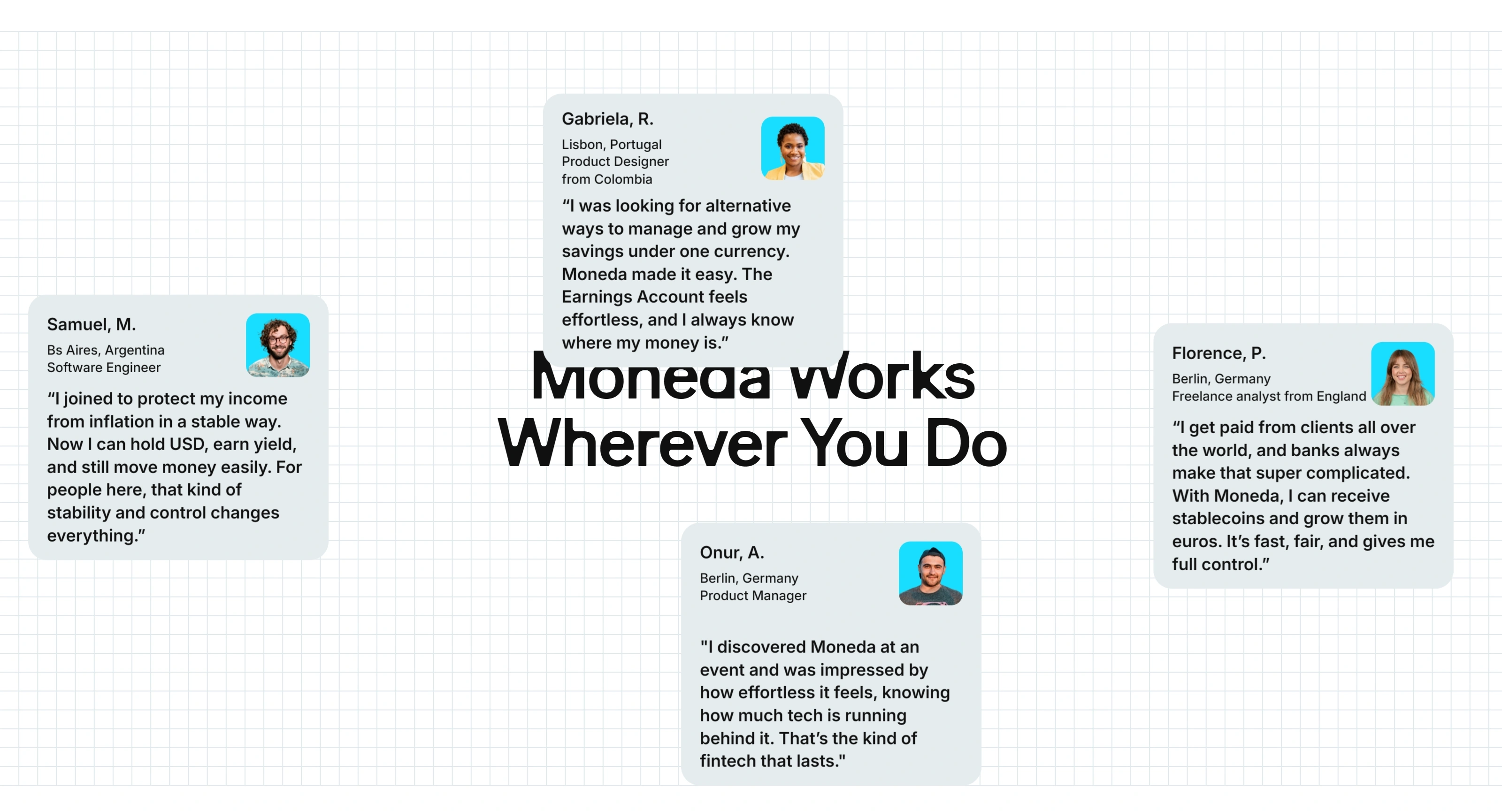 Moneda Секция «Отзывы» с сайта https://moneda.com/, тематика — Финансы, цвета — Белый, Серый, стиль — Корпоративный, Карточный, типографика — Без засечек, Декоративные