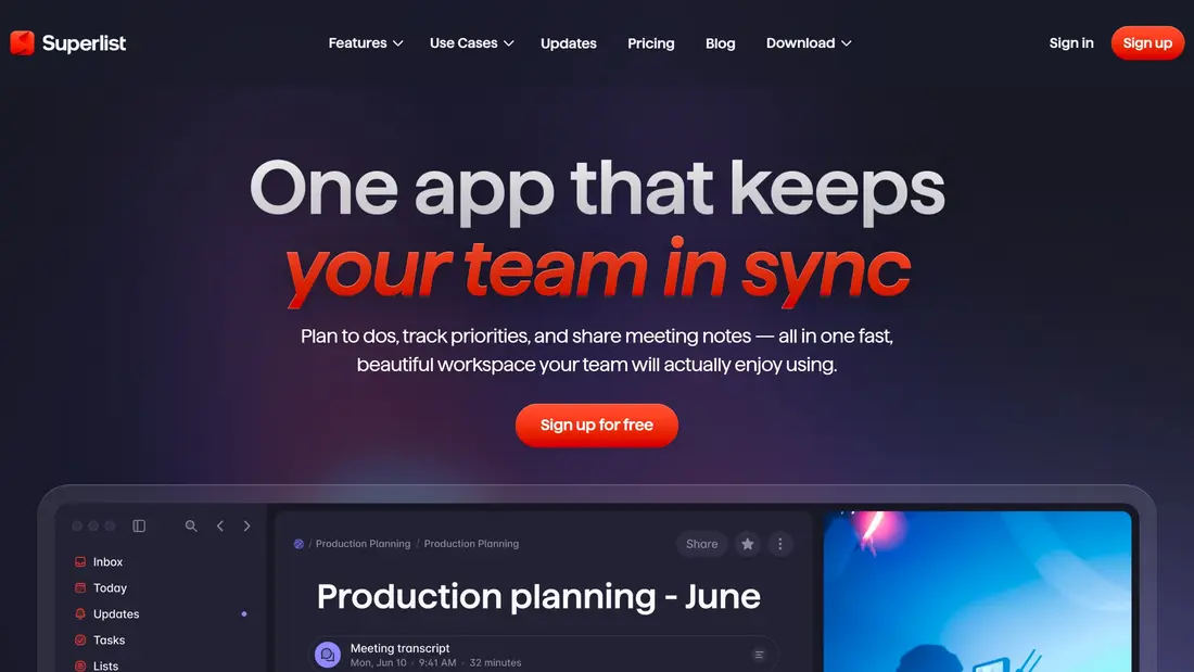 Секция «Первый экран» с сайта https://www.superlist.com/, тематика — SaaS, цвета — Черный, стиль — Минимализм, типографика — Без засечек