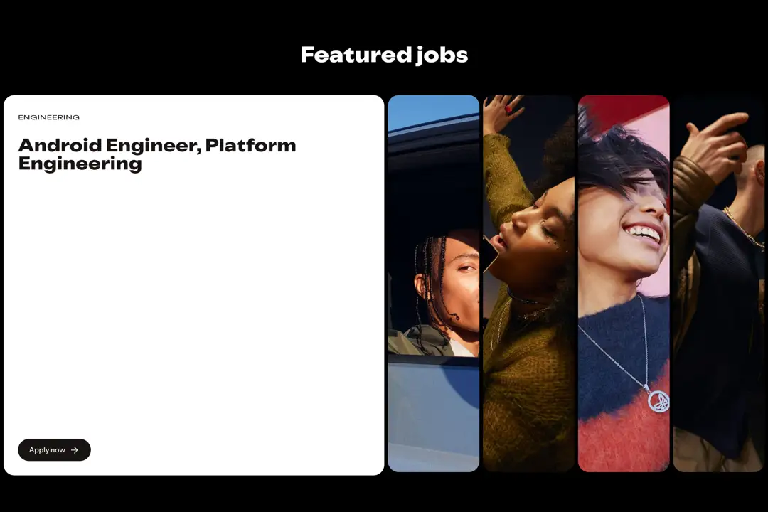Секция «Первый экран» с сайта https://www.lifeatspotify.com/, тематика — Музыка, цвета — Черный, Серый, стиль — Карточный, Минимализм, типографика — Без засечек