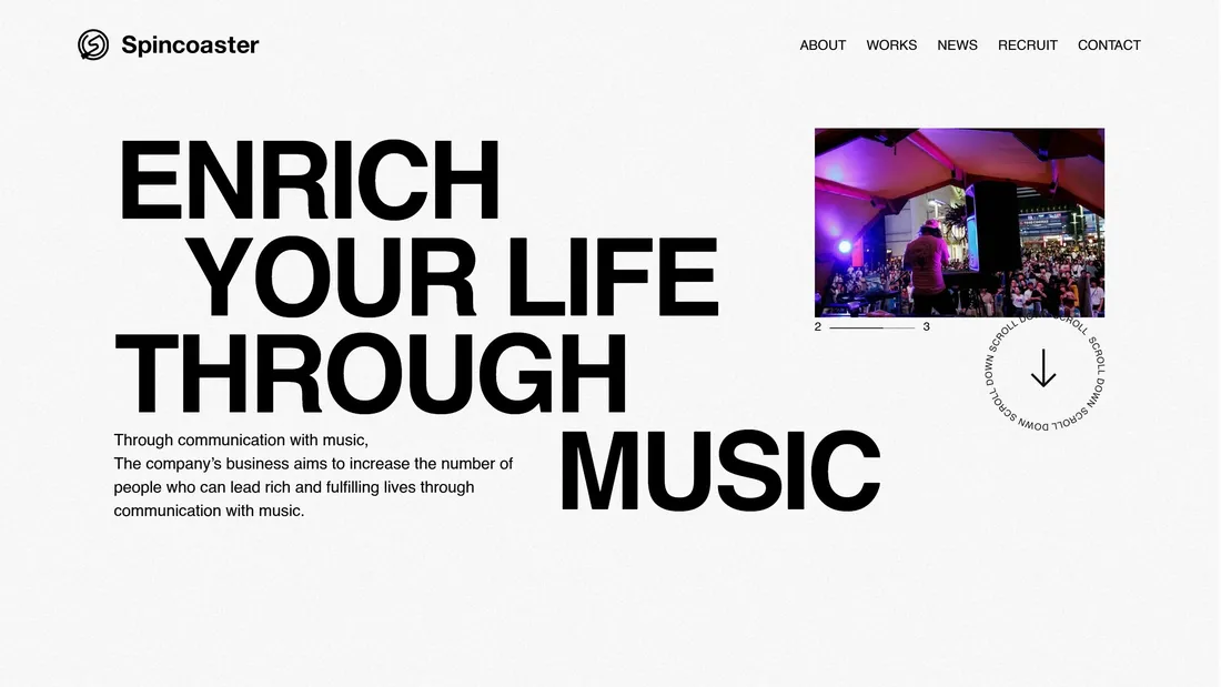 Секция «Первый экран» с сайта https://spincoaster.co.jp/, тематика — Музыка, цвета — Белый, Серый, стиль — Минимализм, Типографика, типографика — Без засечек