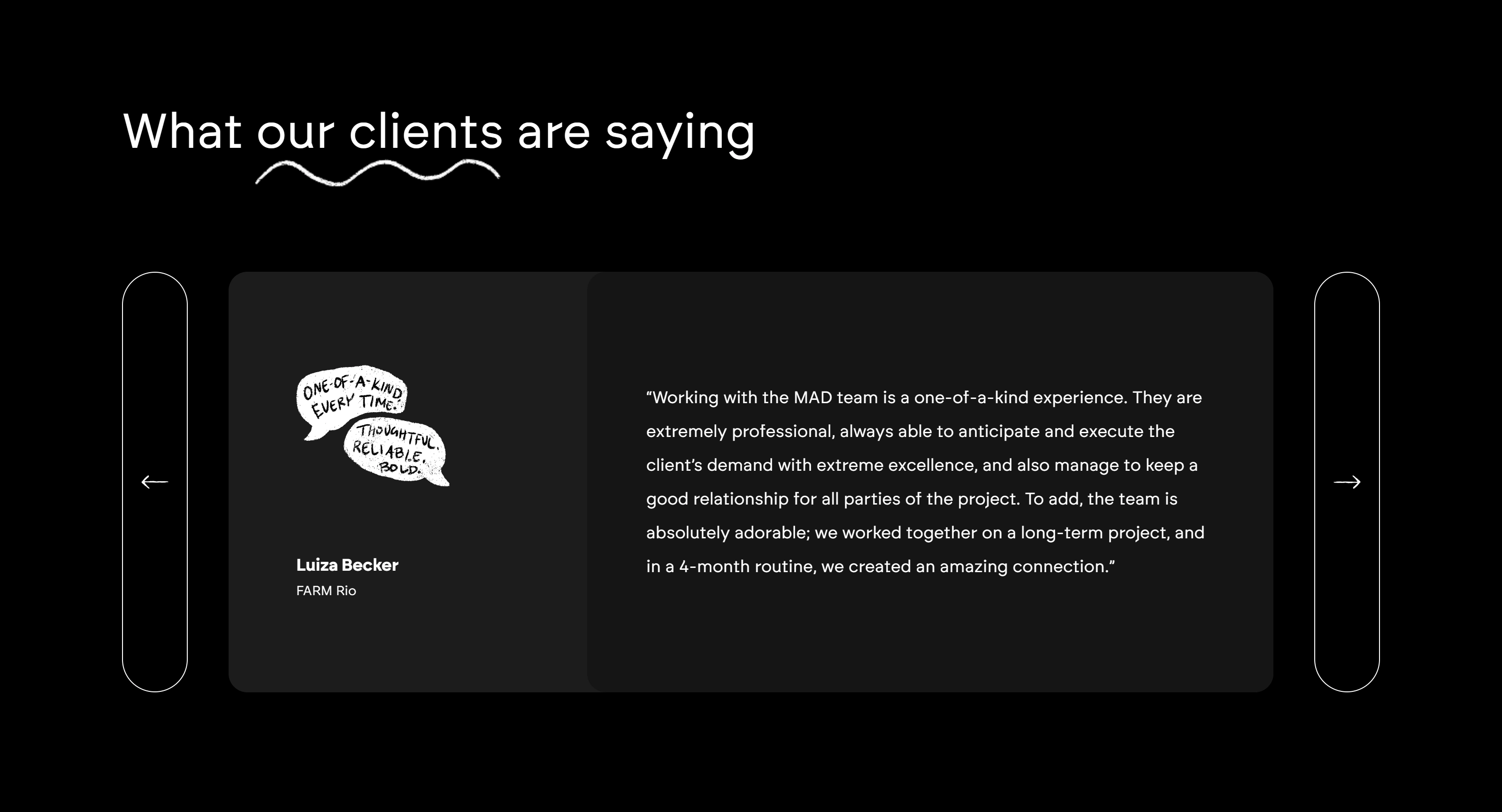 Mad Creative Agency Секция «Отзывы» с сайта https://mad-creative-agency.com/, тематика — Агентство , цвета — Черный, стиль — Карточный, Минимализм, типографика — Без засечек, Декоративные