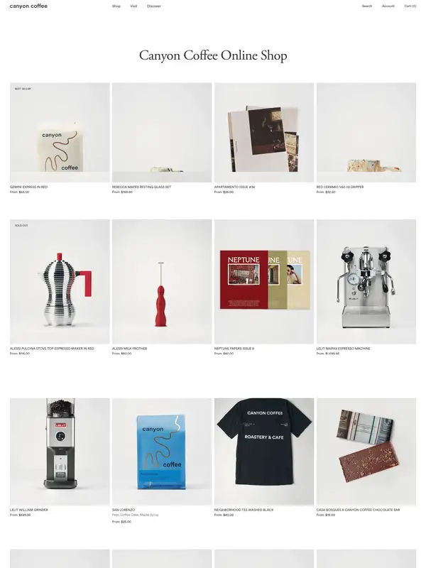 Каталог Canyon Coffee, тематика — Еда и напитки, цвета — Белый, Серый, стиль — Минимализм, типографика — Без засечек