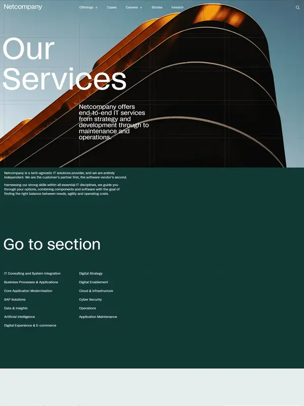 Услуги Netcompany, тематика — IT и программное обеспечение, цвета — Белый, Черный, Серый, стиль — Корпоративный, Минимализм, типографика — Без засечек