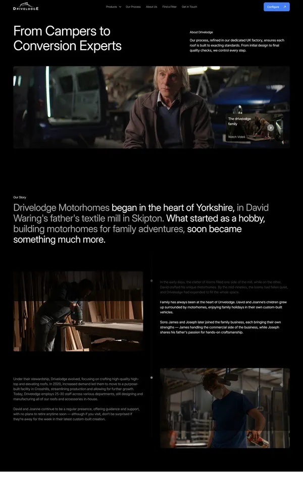 Страница о компании Drivelodge, тематика — Путешествия и туризм, Производство, цвета — Белый, Черный, стиль — Корпоративный, Минимализм, типографика — Без засечек