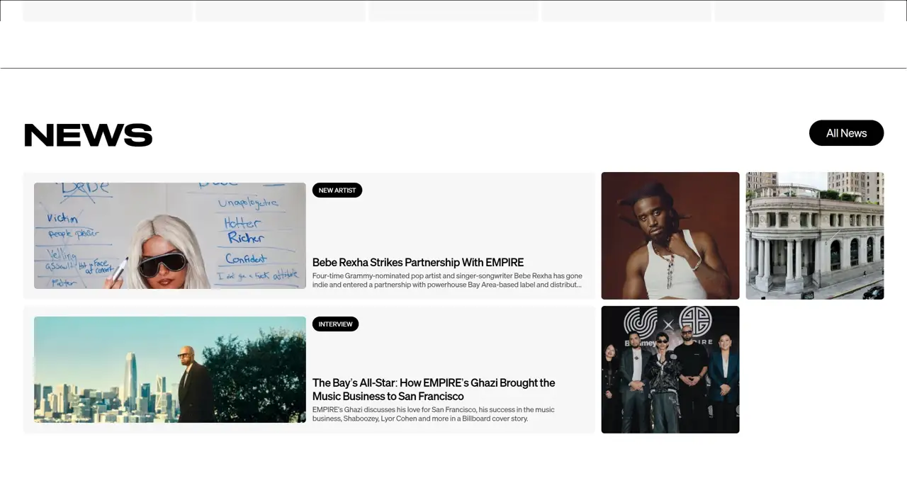 Секция «Новости» с сайта https://empi.re/, тематика — Музыка, цвета — Белый, Черный, Серый, стиль — Карточный, Минимализм, типографика — Без засечек