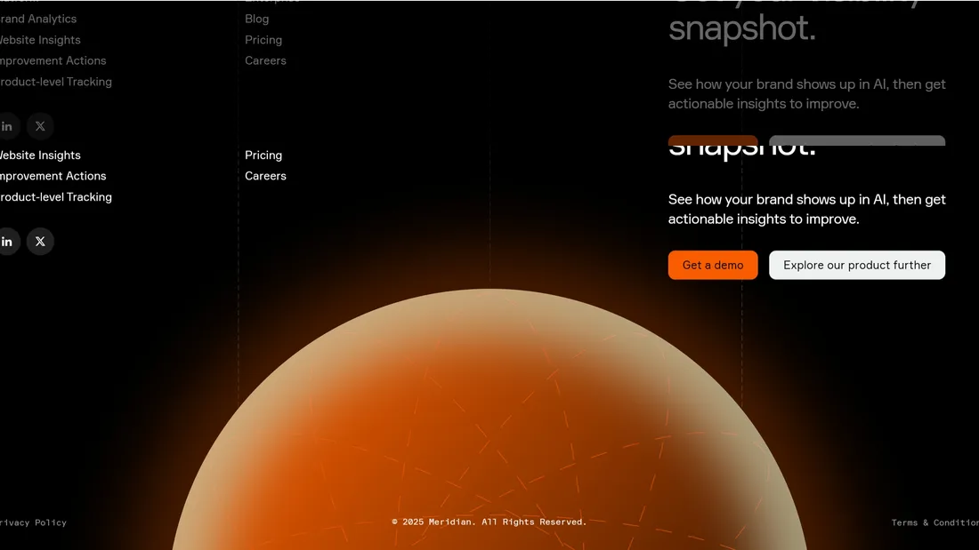 Секция «Футер» с сайта https://trymeridian.com/, тематика — Бизнес и профессиональные услуги, цвета — Черный, Коричневый, стиль — Минимализм, Полигональный, типографика — Без засечек