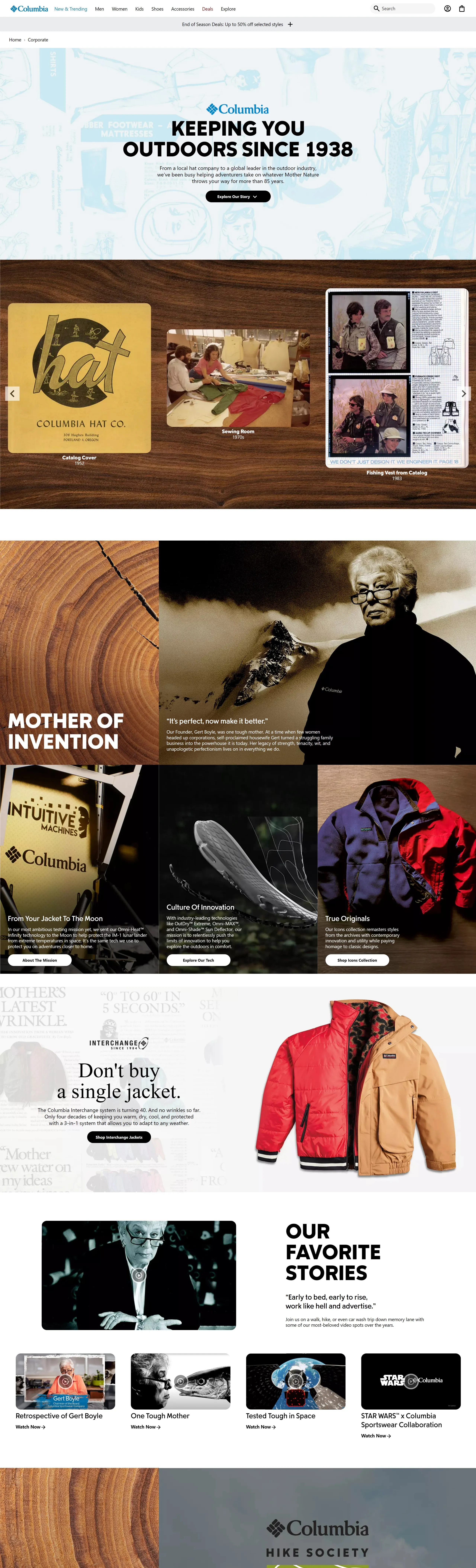 Страница о компании Columbia Sportswear, тематика — Интернет-магазин, Одежда, цвета — Белый, Черный, Серый, Коричневый, стиль — Корпоративный, типографика — Без засечек