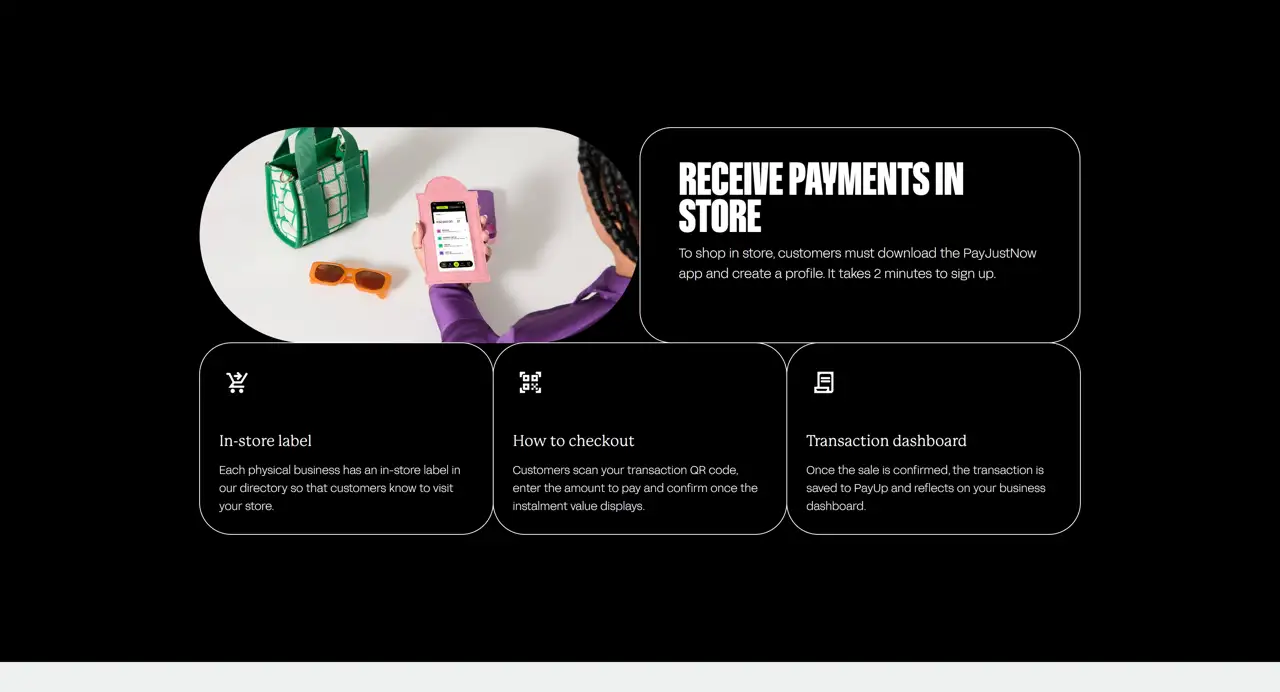 Секция «Услуги» с сайта https://payjustnow.com/, тематика — Финансы, цвета — Черный, стиль — Карточный, Минимализм, типографика — Без засечек, Декоративные
