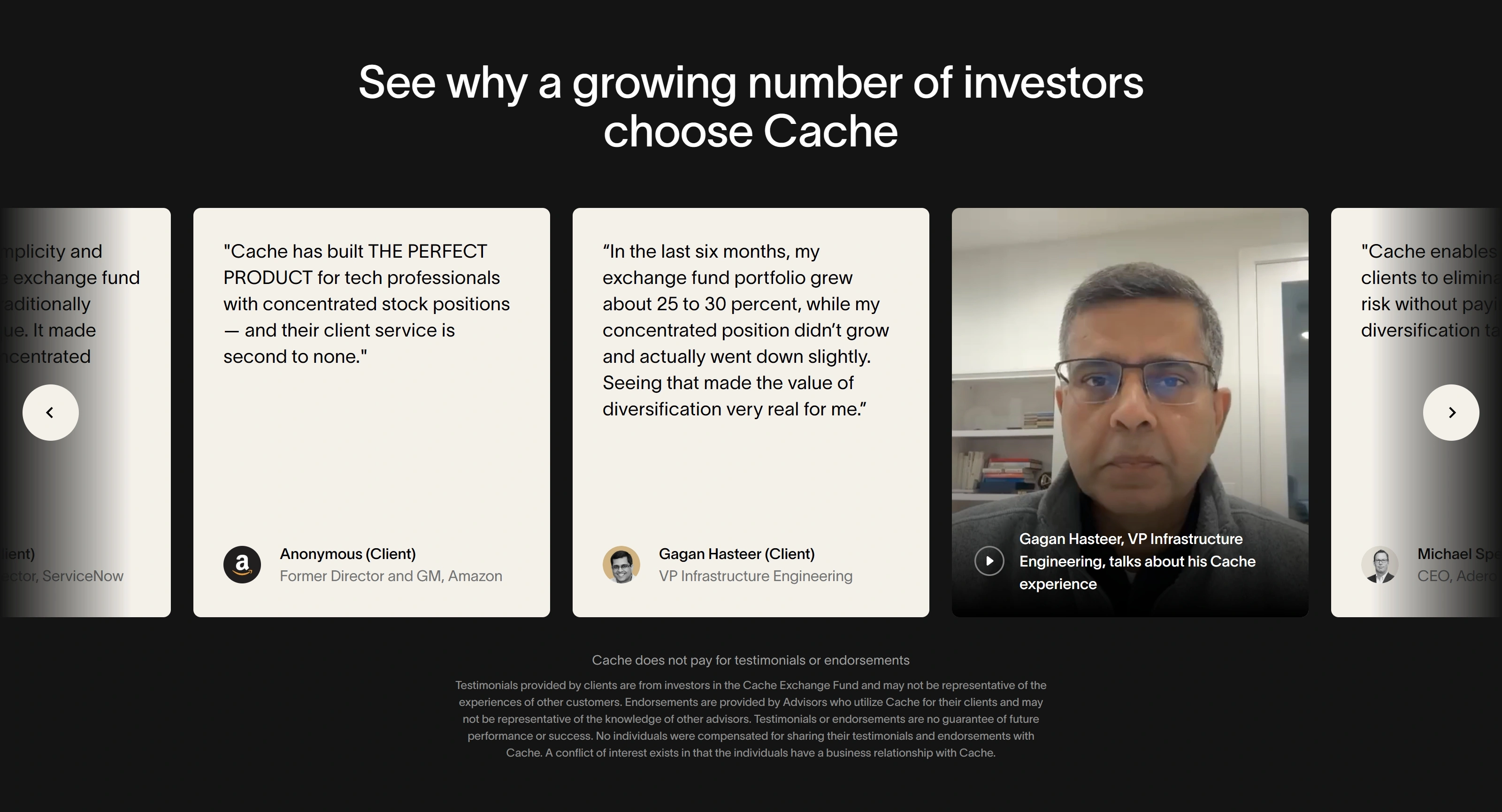 Cache Секция «Отзывы» с сайта https://usecache.com/, тематика — Финансы, цвета — Белый, Черный, Серый, стиль — Корпоративный, Карточный, Минимализм, типографика — Без засечек