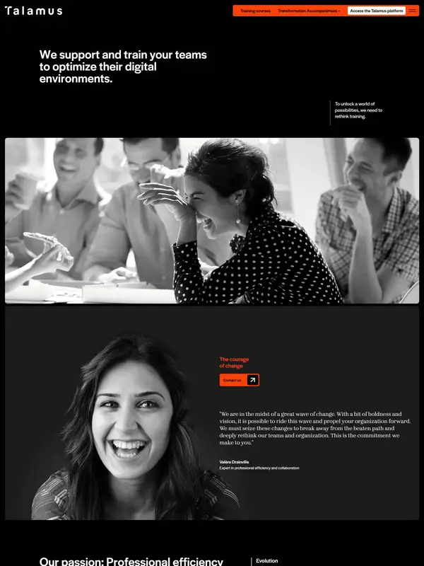 Страница о компании Talamus, тематика — SaaS, цвета — Черный, Серый, стиль — Корпоративный, Минимализм, типографика — Без засечек