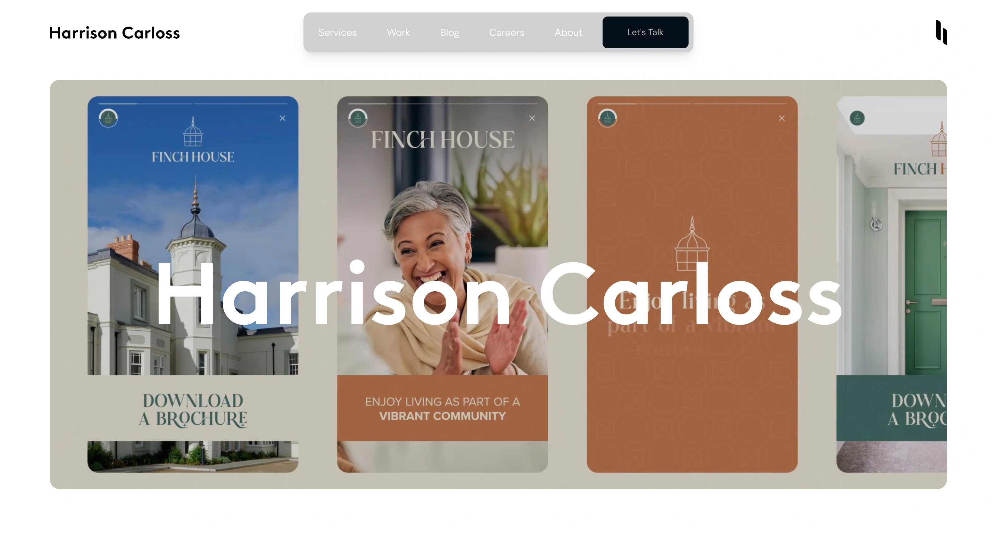 Harrison Carlos Секция «Первый экран» с сайта https://harrisoncarloss.com/, тематика — Дизайн, цвета — Белый, Серый, Коричневый, стиль — Корпоративный, Карточный, Минимализм, типографика — Без засечек