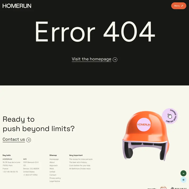 404-страница HOMERUN, тематика — Агентство , цвета — Белый, Черный, стиль — Минимализм, типографика — Без засечек