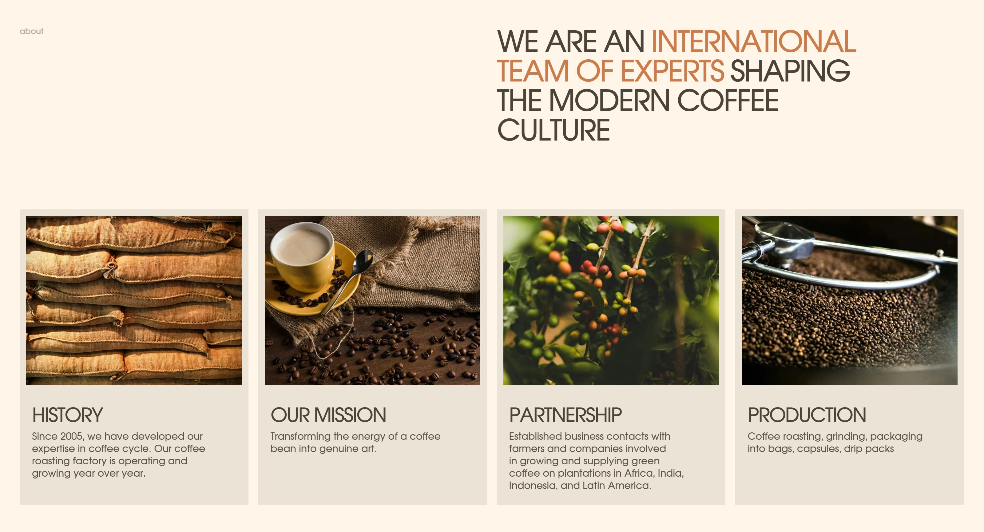 Taj Roastery Секция «О компании» с сайта https://tajroastery.com/, тематика — Еда и напитки, цвета — Белый, Черный, стиль — Корпоративный, Карточный, Минимализм, типографика — Без засечек, Декоративные