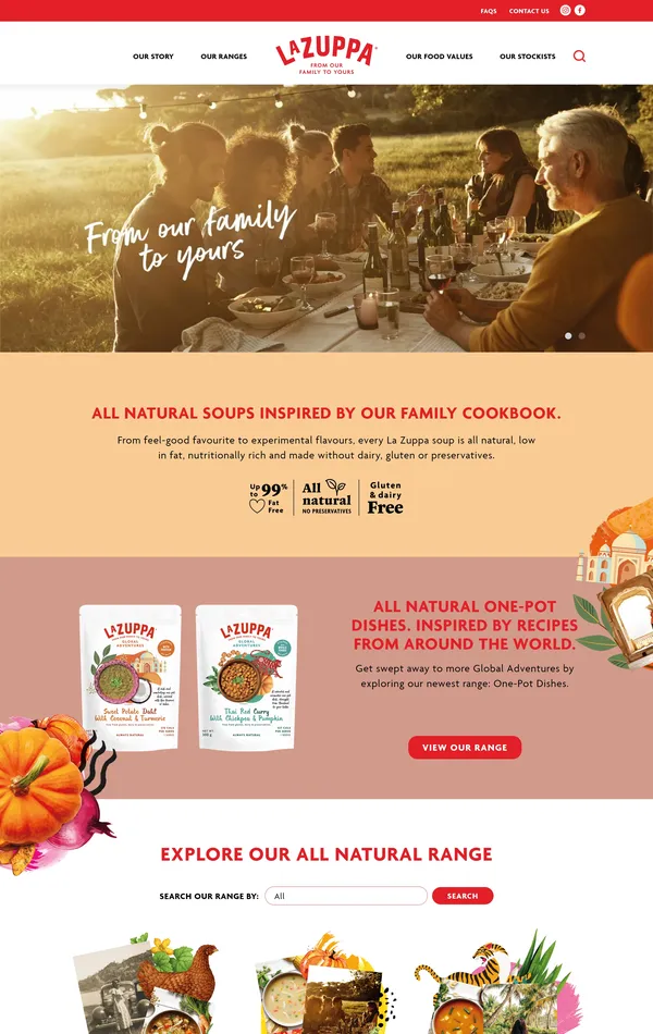Страница о компании La Zuppa, тематика — Еда и напитки, цвета — Белый, Серый, Желтый, Розовый, Коричневый, стиль — Корпоративный, типографика — Рукописные, Без засечек
