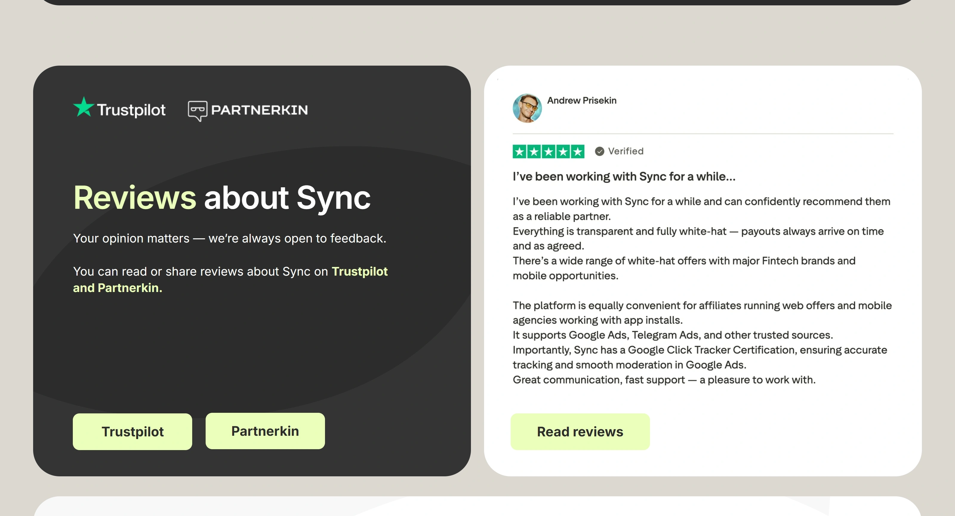 Sync Deals Секция «Отзывы» с сайта https://sync.deals/#start, тематика — SaaS, цвета — Белый, Черный, Серый, стиль — Корпоративный, Карточный, типографика — Без засечек