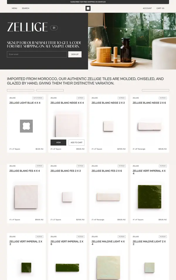 Каталог Paris Tile, тематика — Интернет-магазин, цвета — Белый, стиль — Карточный, Минимализм, Органический и природный, типографика — Без засечек