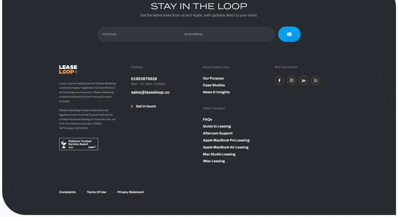 Секция «Футер» с сайта https://leaseloop.co/, тематика — SaaS, цвета — Черный, стиль — Корпоративный, Минимализм, типографика — Без засечек