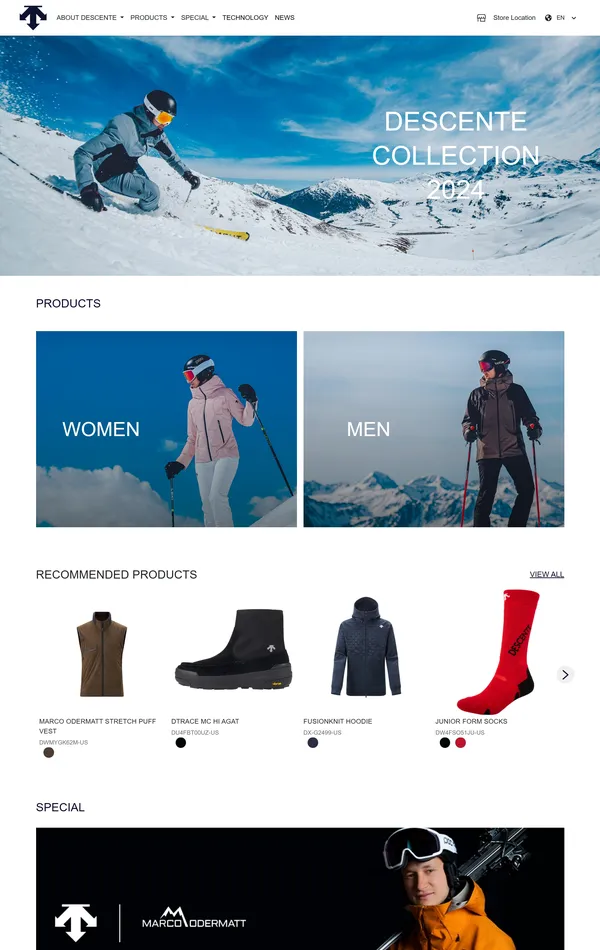 Главная Descente, тематика — Интернет-магазин, Одежда, цвета — Белый, Черный, Серый, стиль — Корпоративный, типографика — Без засечек