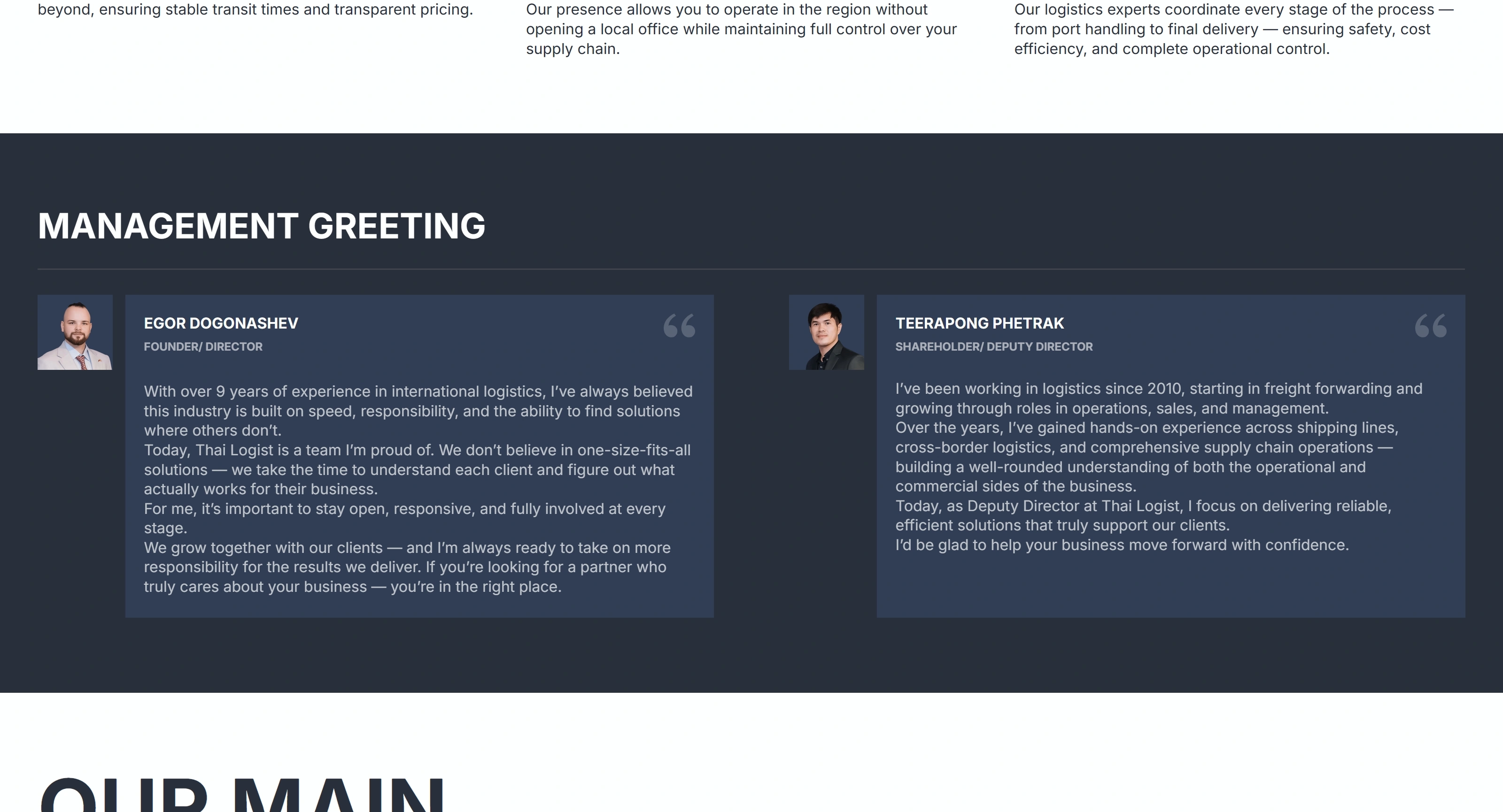 Thai Logist Секция «Отзывы» с сайта https://www.logist.group/, тематика — Логистика, цвета — Черный, Серый, стиль — Корпоративный, Карточный, типографика — Без засечек
