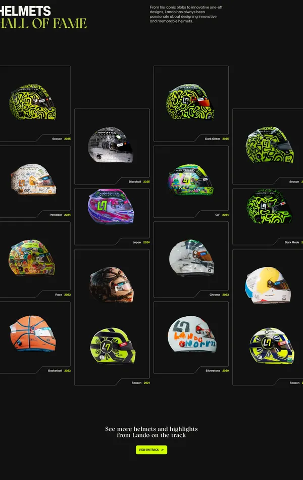 Секция «Награды» с сайта https://landonorris.com/, тематика — Развлечения, цвета — Черный, стиль — Брутализм, типографика — Без засечек, Декоративные