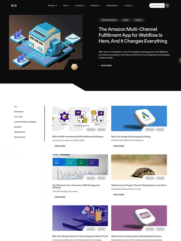 Блог Never Settle, тематика — Агентство , цвета — Белый, Черный, Серый, стиль — Корпоративный, Карточный, типографика — Без засечек, Декоративные