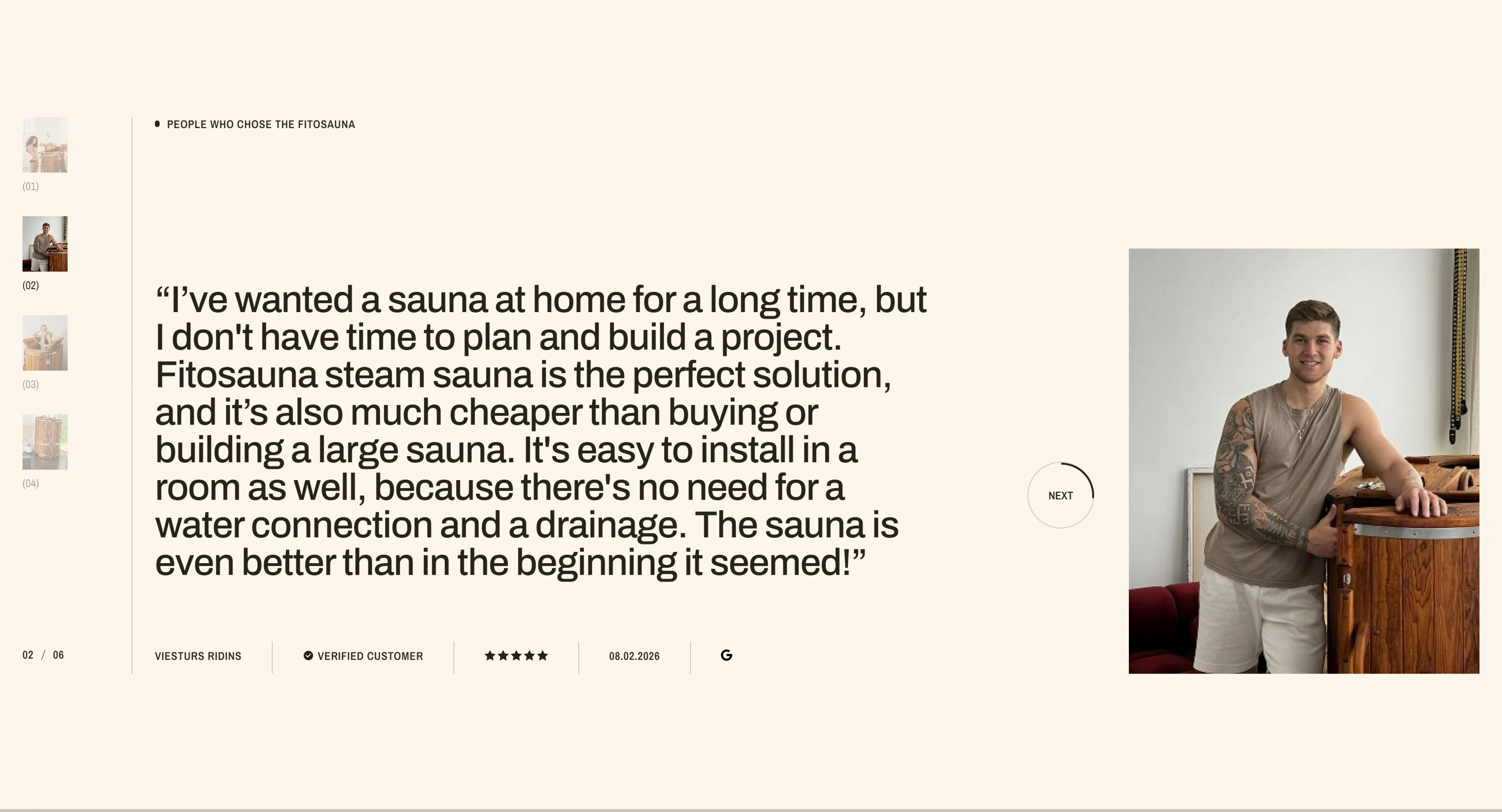 Fitosauna Секция «Отзывы» с сайта https://fitosauna.com/, тематика — Здоровье и фитнес, цвета — Белый, Серый, стиль — Минимализм, типографика — Без засечек
