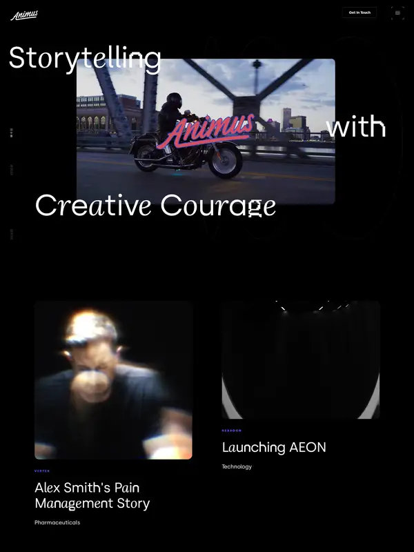 Главная Animus Studios, тематика — Агентство , цвета — Черный, Серый, стиль — Карточный, Минимализм, типографика — Без засечек, Рукописные, Декоративные