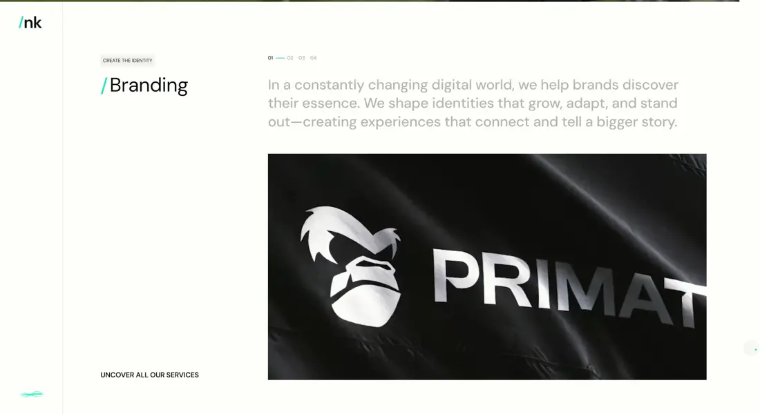 Секция «Услуги» с сайта https://www.nk.studio/, тематика — Агентство , цвета — Белый, Черный, стиль — Корпоративный, типографика — Без засечек