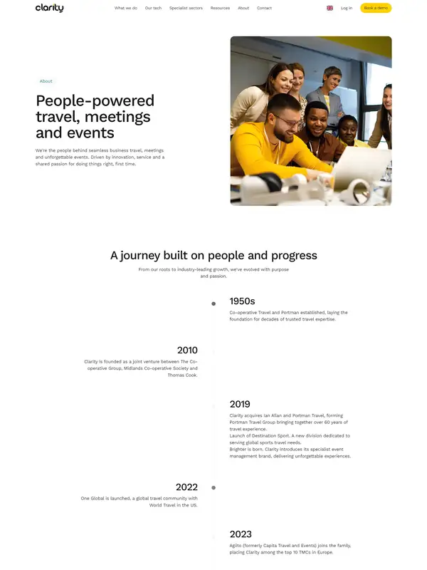 Страница о компании Clarity Business Travel, тематика — Путешествия и туризм, цвета — Белый, Черный, Серый, стиль — Корпоративный, Минимализм, типографика — Без засечек